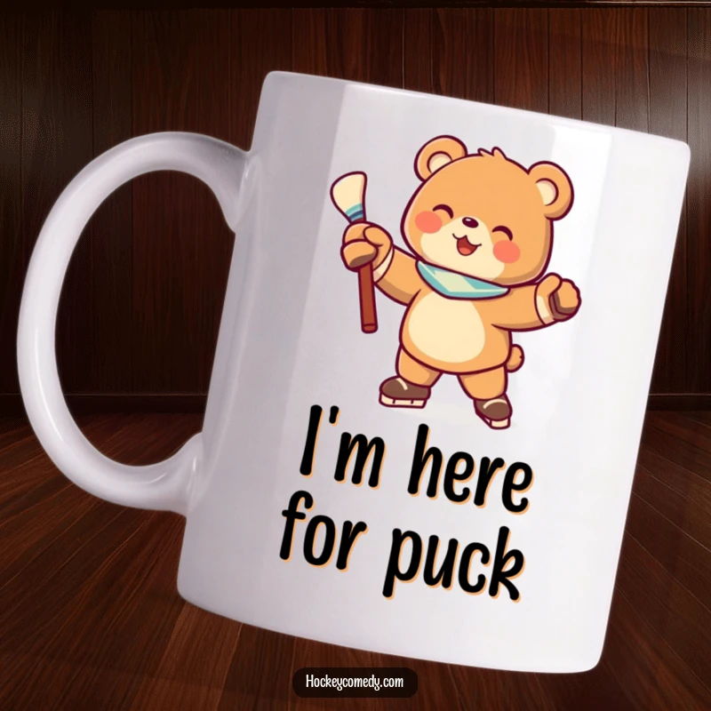 Funny mug showcasing a joyful bear character in a powerful hockey pose, stick ready, ready to win the game with a smile.