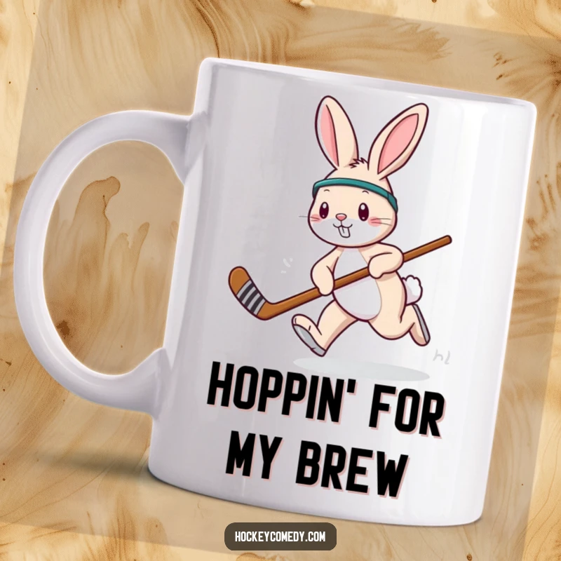 Funny playful rabbit mug, excitedly hopping with a hockey stick, ready for a game with a cheerful expression.
