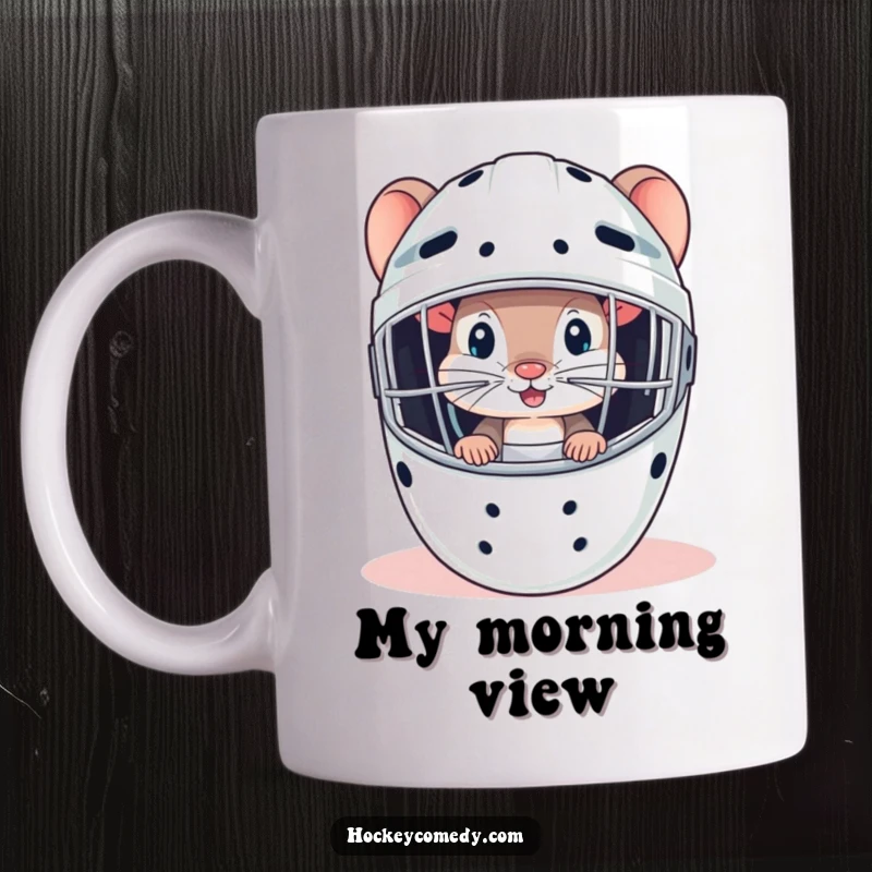 Funny, curious mouse peeking from behind a goalie mask on this intriguing hockey mug.