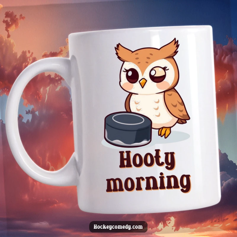 Funny owl attempting to catch a hockey puck with its beak, mid-game action captured humorously.