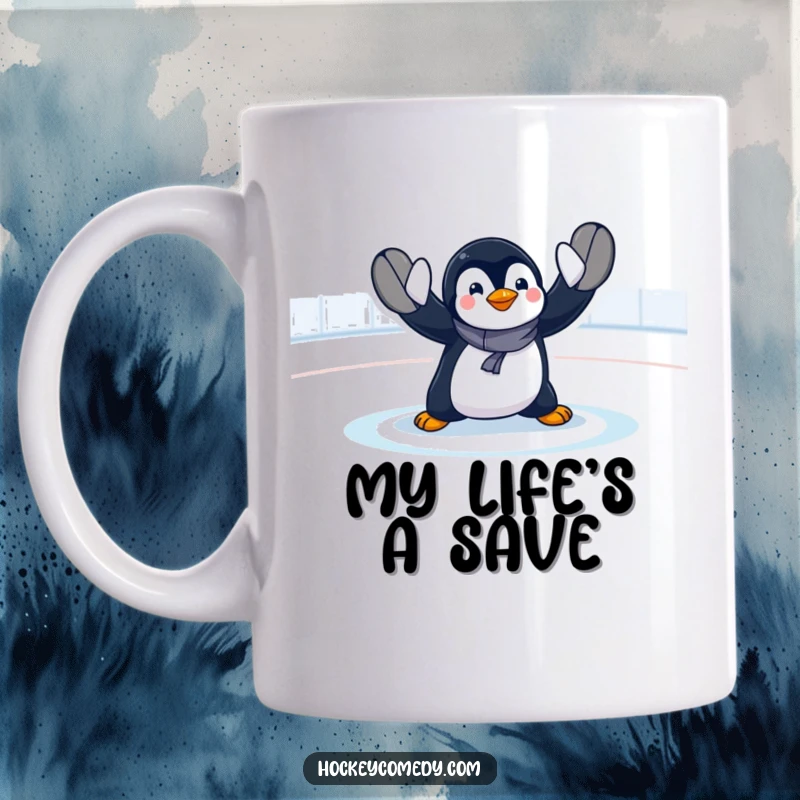Funny penguin goalie mug in a dramatic, exaggerated save pose, flippers outstretched, showing extreme effort and humor on the ice.