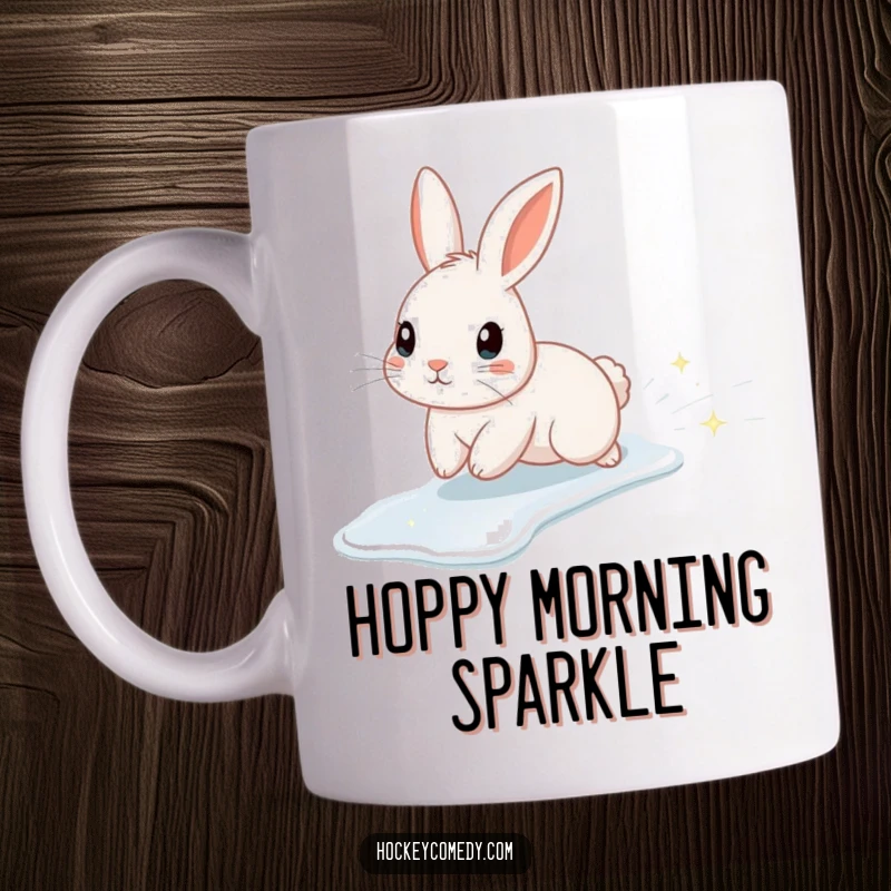 Funny mug with a cute rabbit character gracefully sliding on ice, leaving a shimmering trail of sparkles, embodying winter magic.