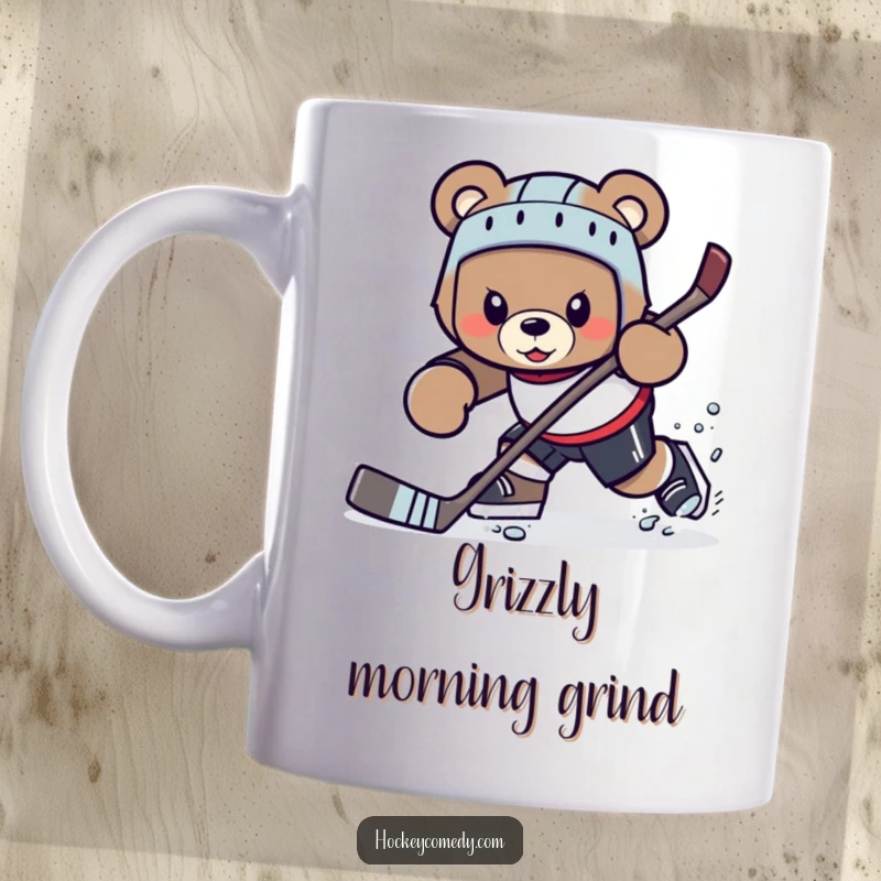 Funny determined bear character intensely attempting a tricky hockey maneuver on the ice, mug.