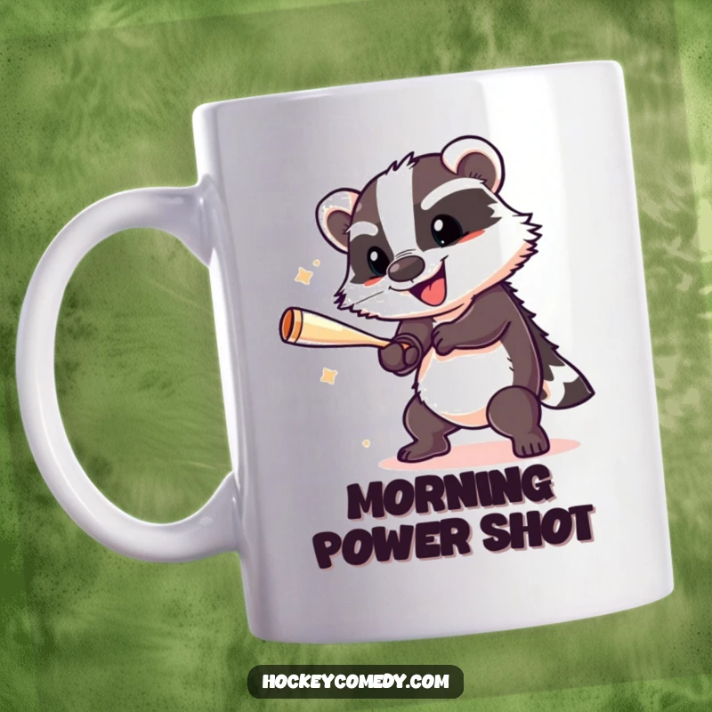 Funny, cheerful badger in action, performing a powerful slap shot on this energetic hockey mug.