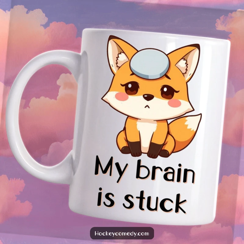 Funny Fox Puck Mug featuring a confused fox with a hockey puck stuck on its forehead, perfect for hockey fans.