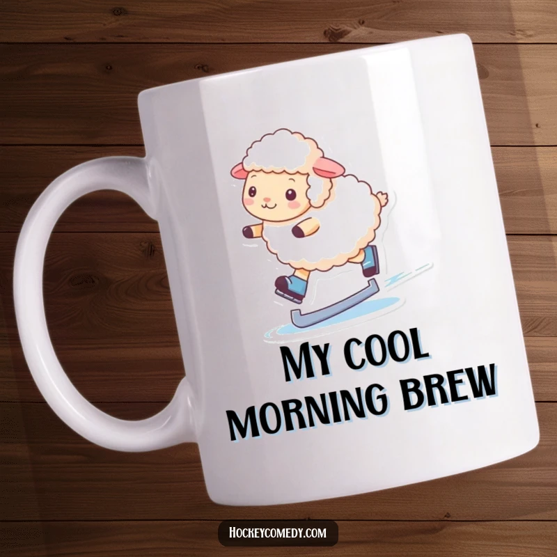 Funny mug showcasing a fluffy sheep elegantly performing a graceful glide on ice skates with a determined yet cute expression.