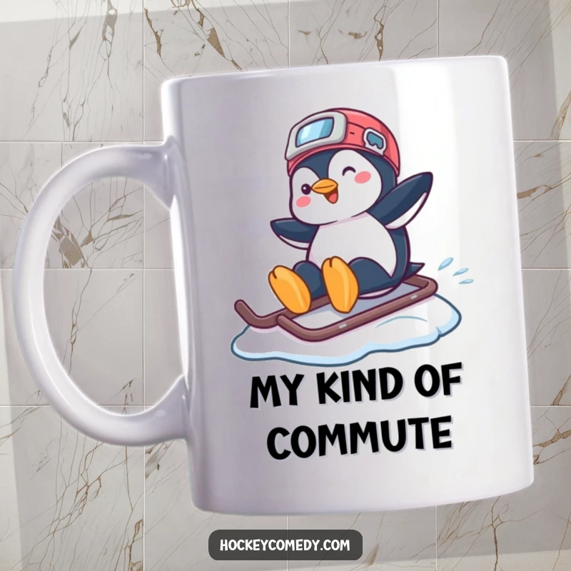 Funny mug depicting a playful penguin sliding across ice using a hockey helmet as a makeshift sled.