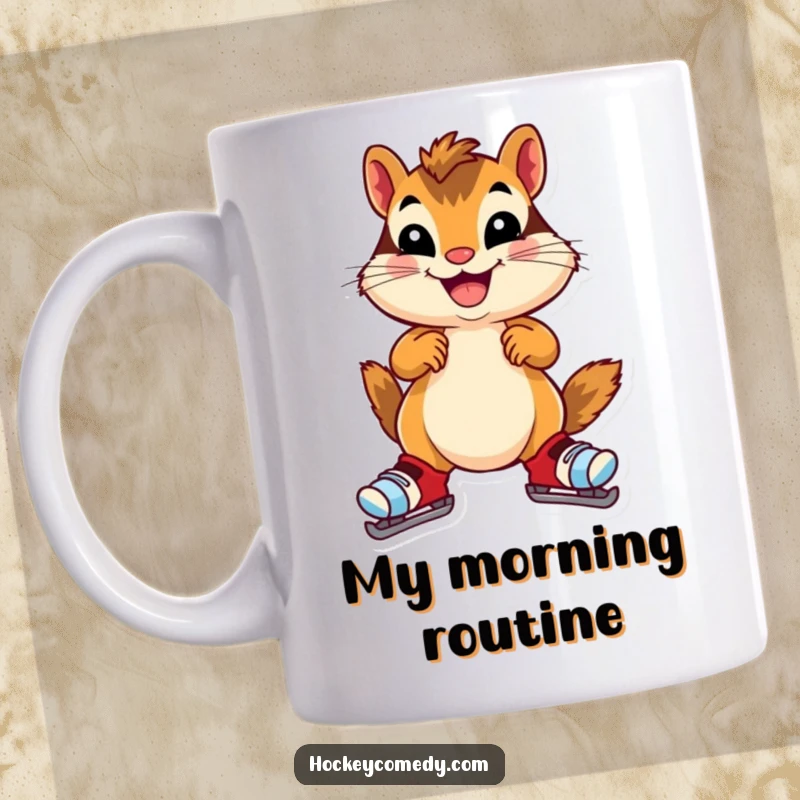 Funny chipmunk mug, a cheerful chipmunk wearing oversized skates, wobbling gleefully on ice, conveying humor and joy, great gift.