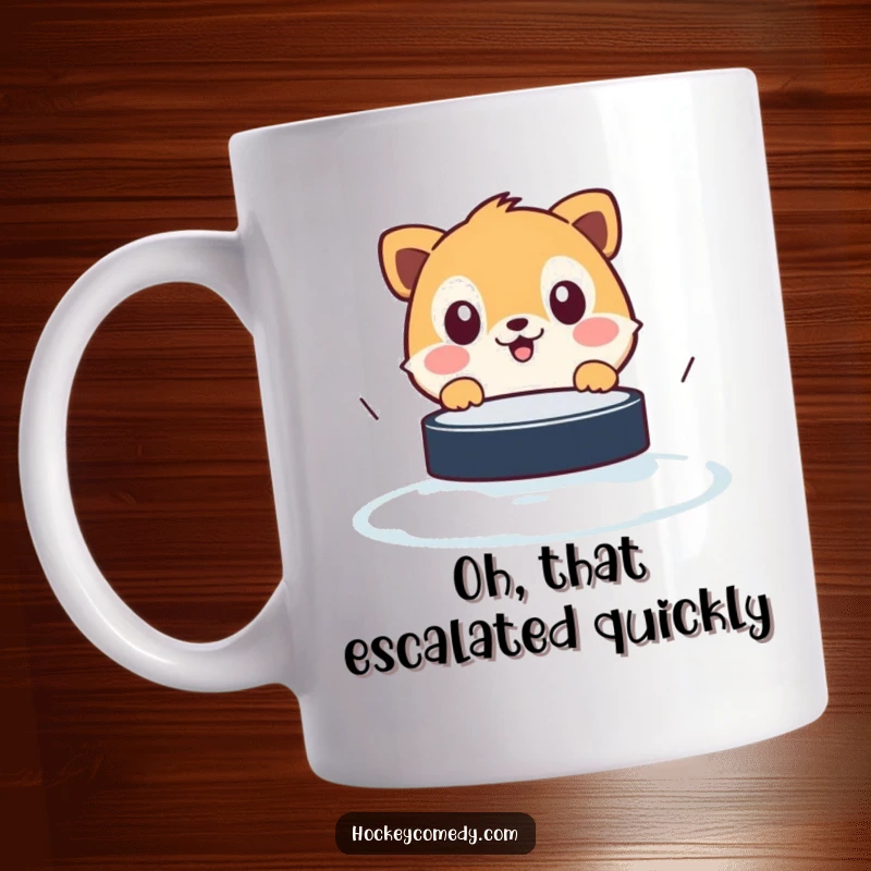 Funny mug displaying a wide-eyed, surprised animal mid-hockey game, puck zooming towards them with hilarious panic.