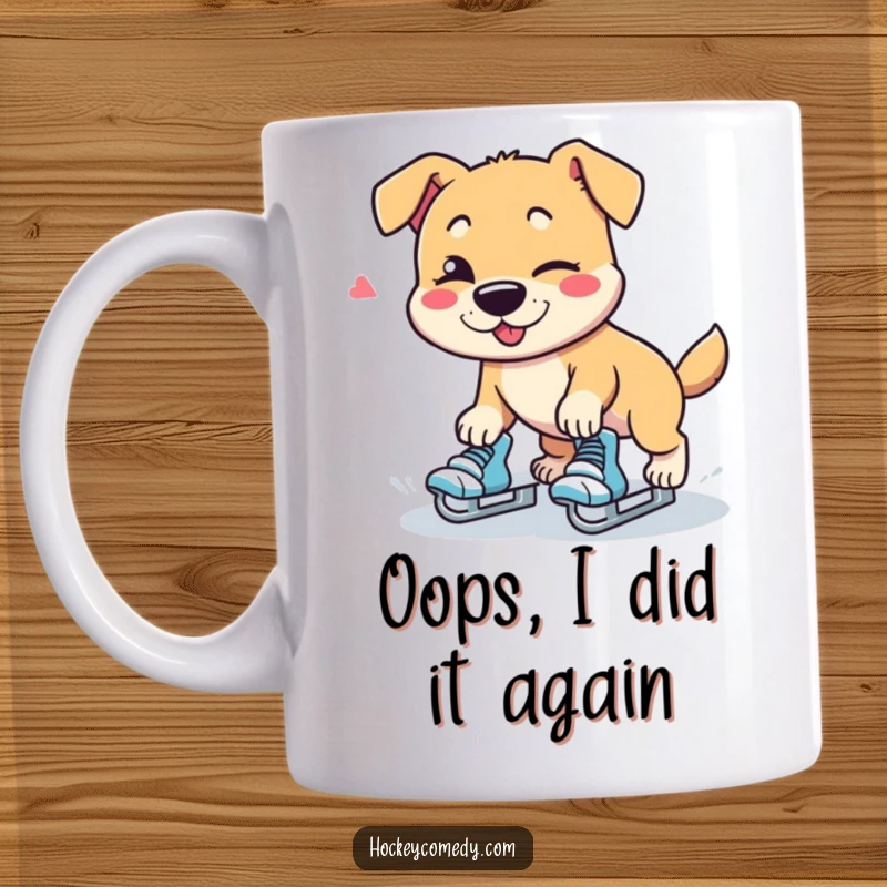 Funny dog character hilariously tripping on roller skates while giving a cheeky wink, coffee mug design.