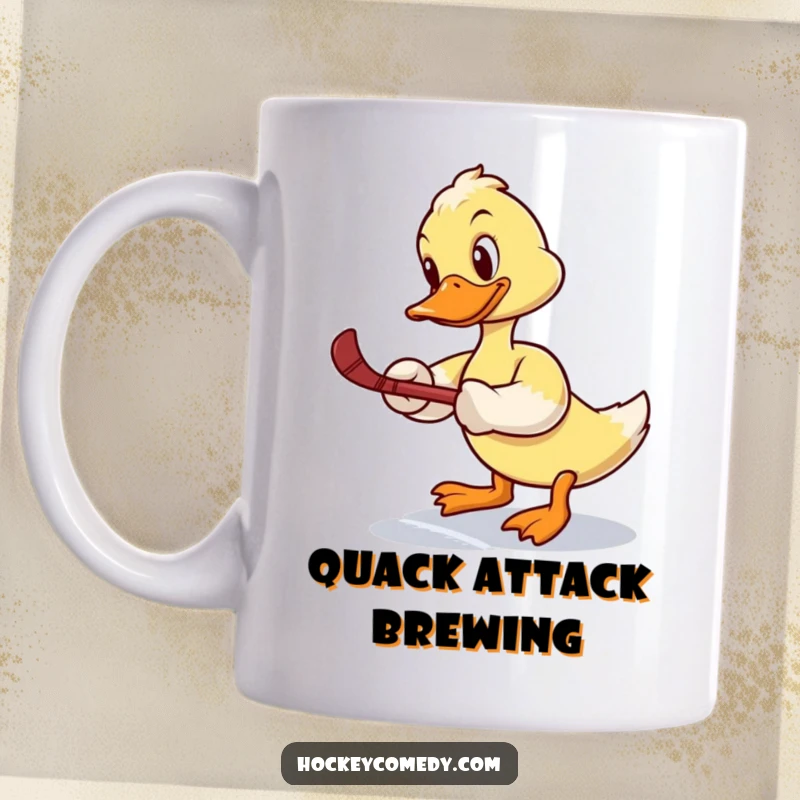 Funny mug: A determined duck attempts a slap shot, looking hilariously unbalanced on the ice, ready to score a laugh.