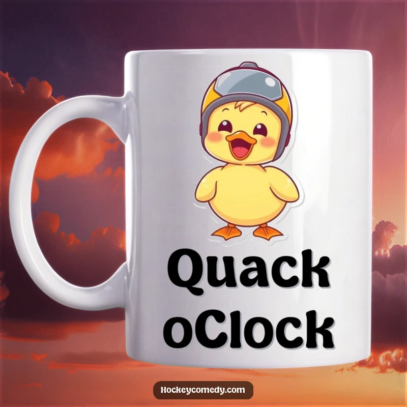 Funny, joyous duck wearing a tiny helmet on a cheerful mug, ready for anything.