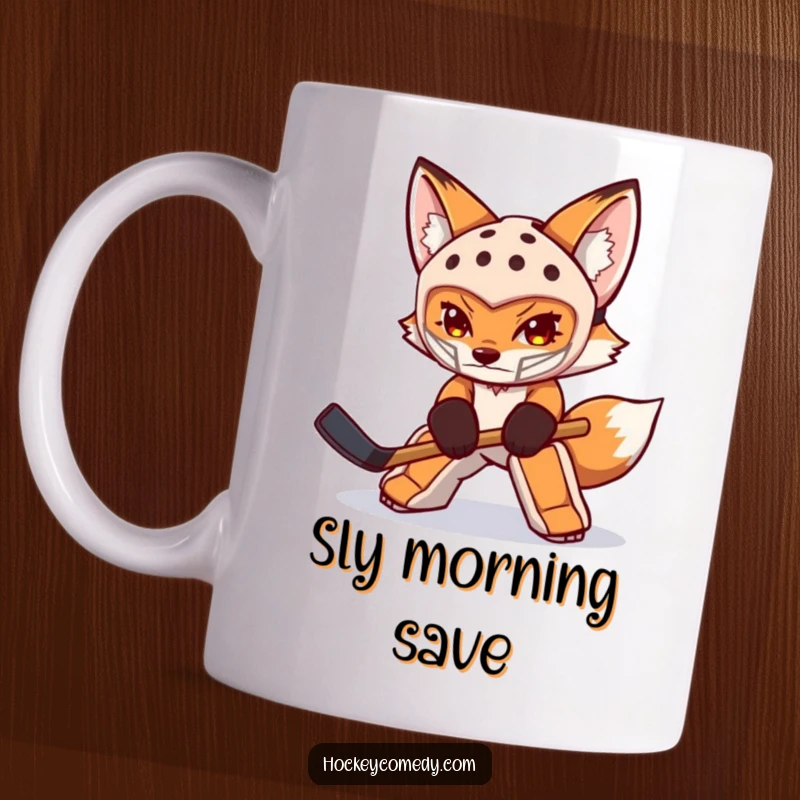 Funny fox mug with a determined fox wearing a small goalie mask, intensely swatting a hockey puck away from goal.