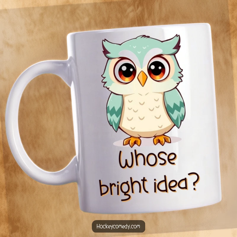 Funny owl mug, a surprised owl with wide eyes about to be hit by a hockey puck, conveying shock and humor, great gift.