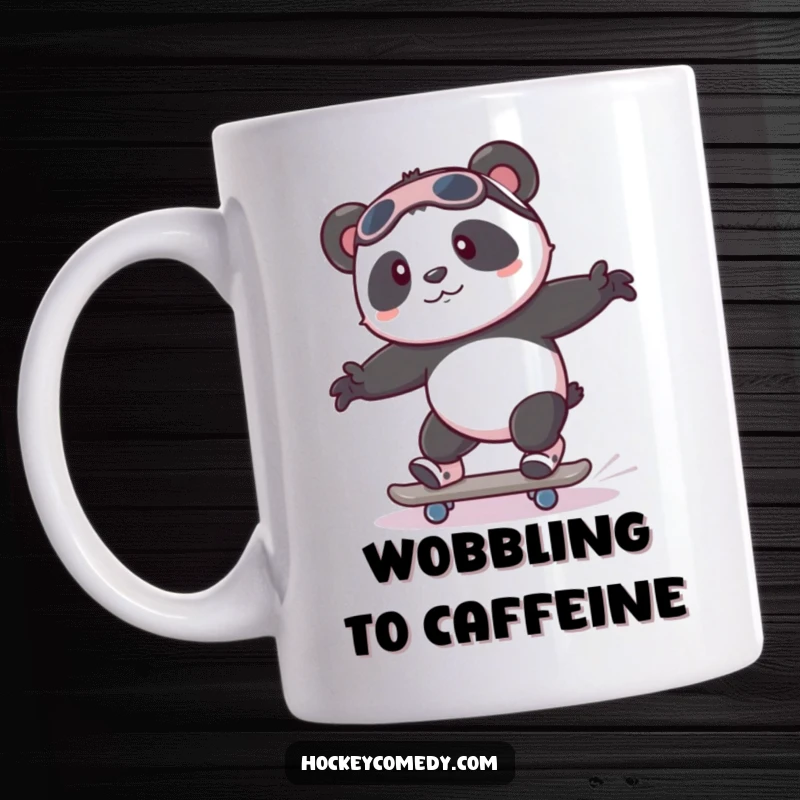 Funny playful panda attempting to skate with wobbly legs on this humorous mug.