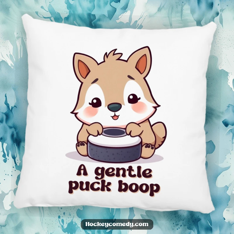 Funny pillow featuring a cute animal softly nudging a hockey puck with its nose, perfect for cuddles and laughs.