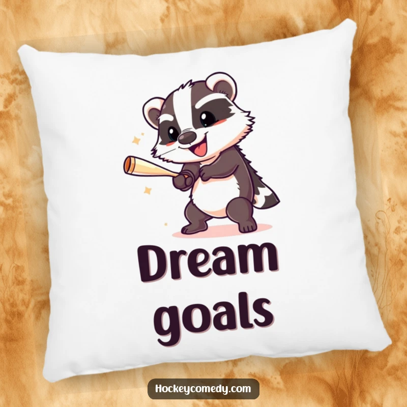 A cheerful badger executing a slap shot, depicted on a soft and humorous hockey pillow.