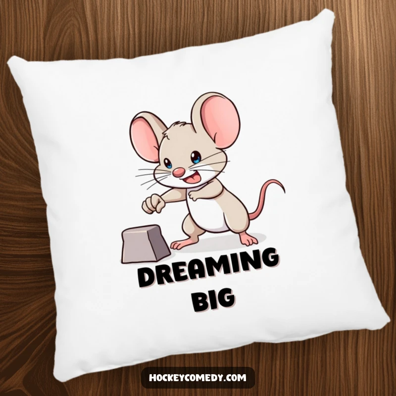 Funny brave mouse pillow, determined expression, aiming for a goal, symbolizing ambition and humor for a cozy gift.