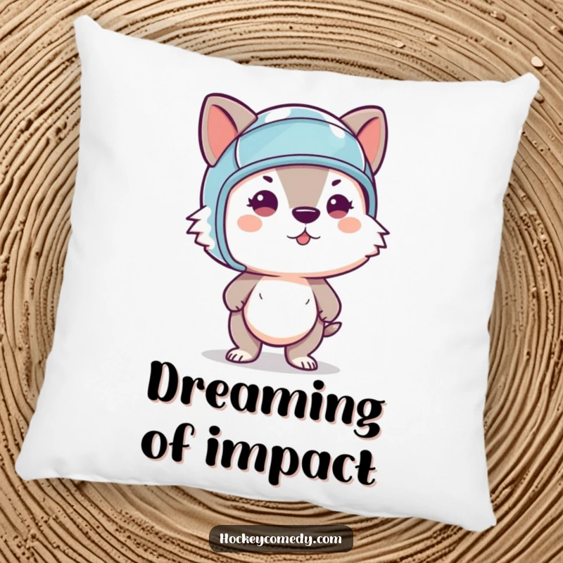 Funny pillow featuring a determined animal wearing a tiny helmet, mid-slapshot, offering a cozy and motivational touch.