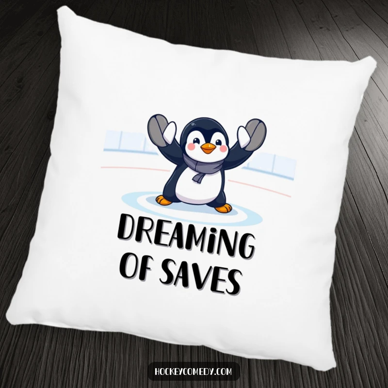Funny penguin goalie pillow with a design of an exaggerated, dramatic hockey save, providing comfort and a dose of comical sports fun.