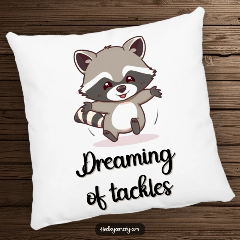 Funny pillow featuring a determined raccoon in a comical headfirst slide, exuding pure joy and energetic silliness for cozy comfort.