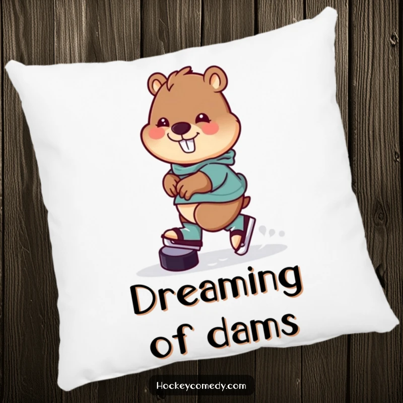 Funny Pillow showcasing a cheerful beaver skating backwards with a hockey puck, offering plush comfort and a dose of lighthearted humor.