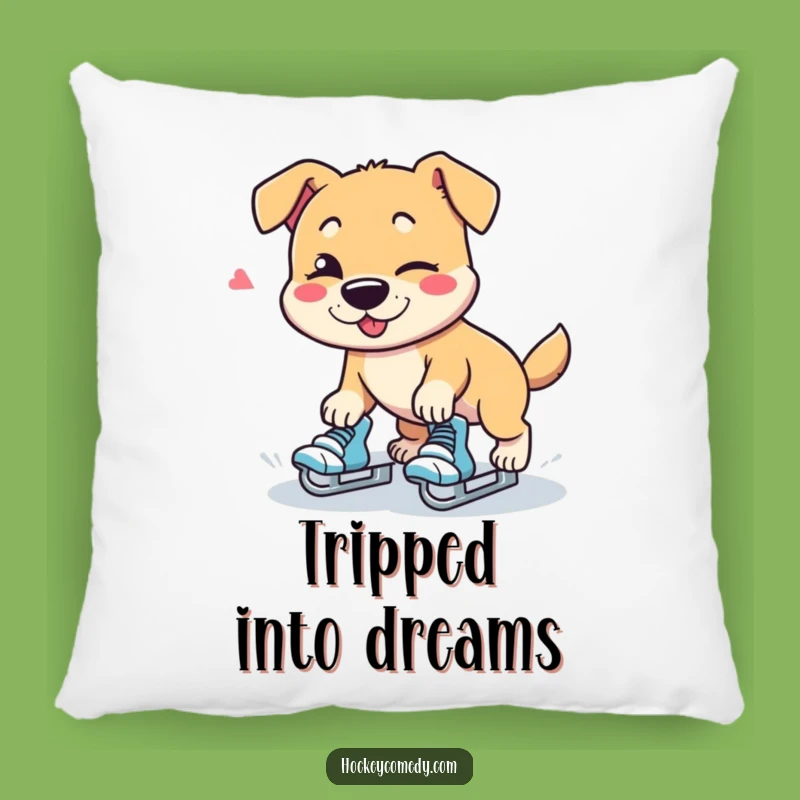 Add a touch of humor to your home with this soft pillow featuring a clumsy, winking dog on skates.
