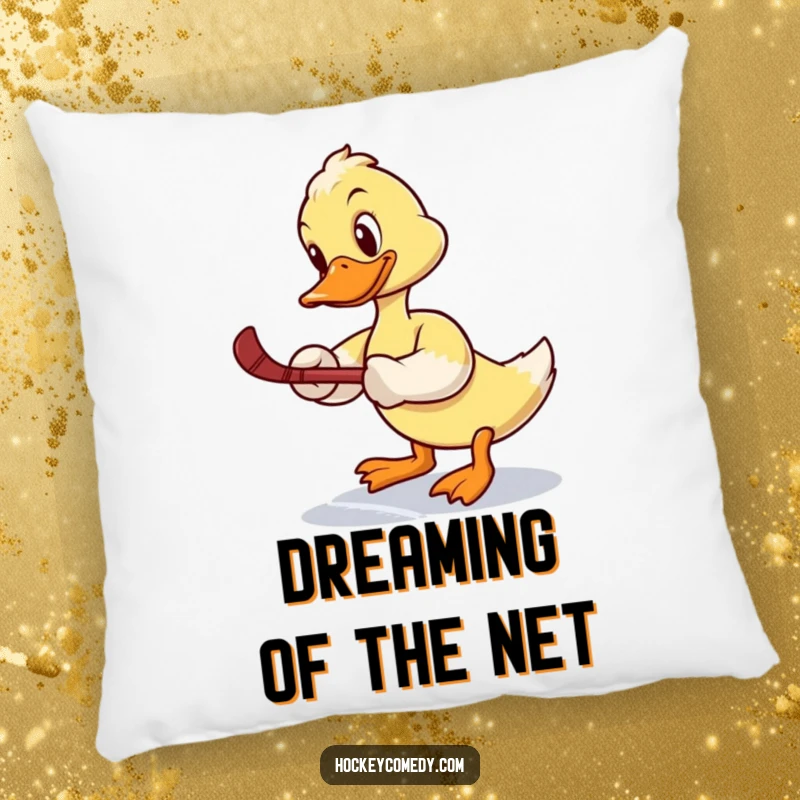 Funny pillow: A determined duck tries a slap shot, looking comically unbalanced on the ice, a humorous decorative item.