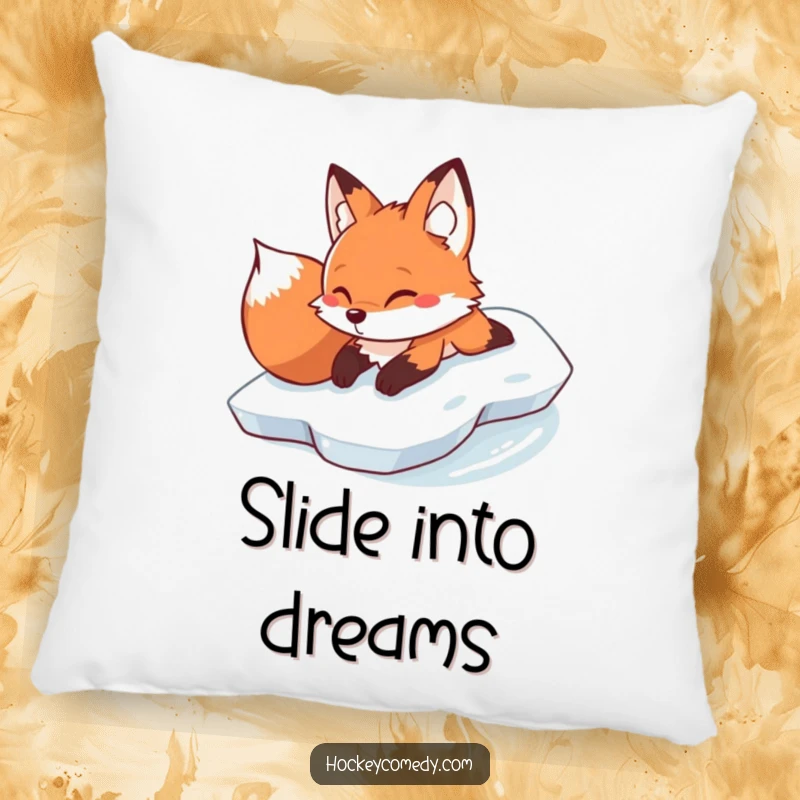 Funny determined fox sliding on its belly across ice on a soft, humorous pillow.