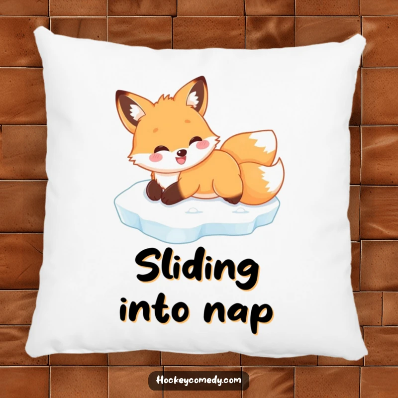 Funny fox ice slide pillow, showcasing a smiling fox enjoying a belly slide on a frosty surface.