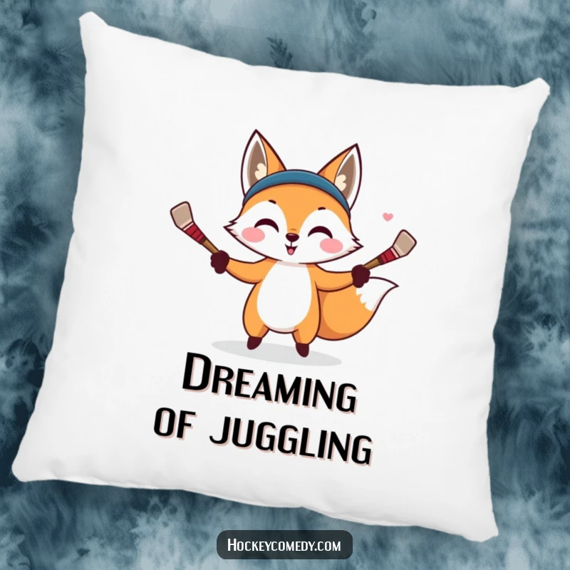 Funny pillow featuring a mischievous fox juggling tiny hockey sticks, adding a touch of sly humor and comfort.
