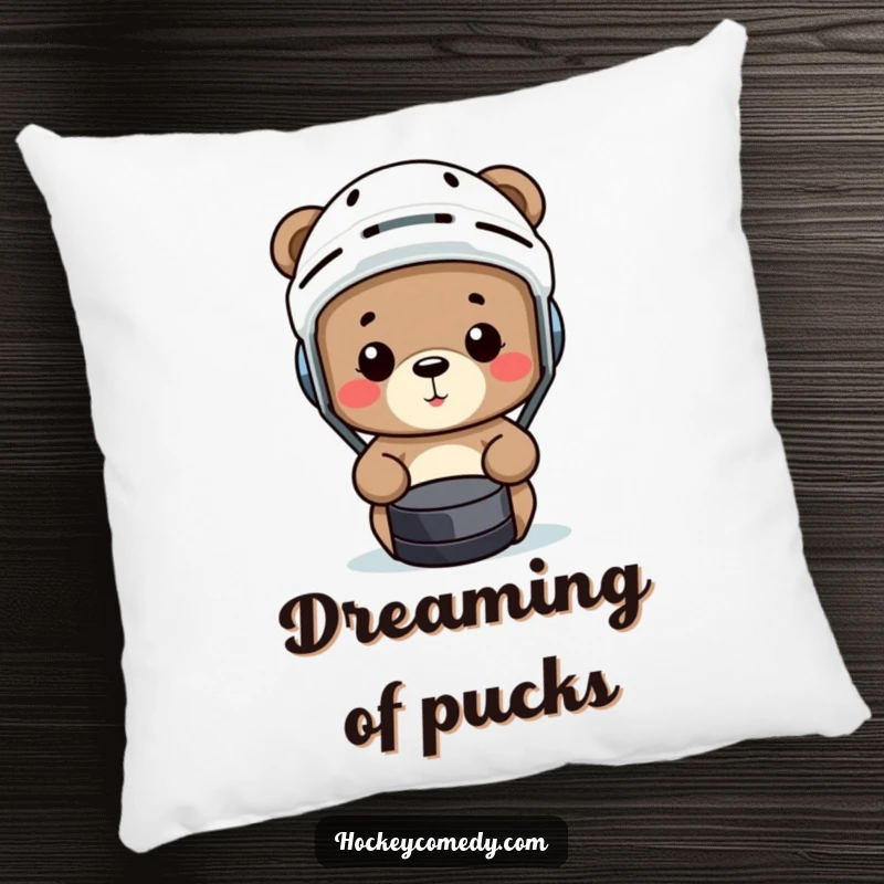Funny bear wearing a hockey helmet comically misses a puck on a soft, humorous pillow.