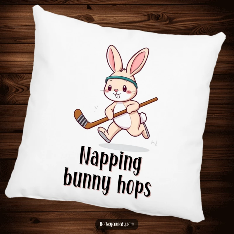 Funny rabbit hockey pillow, showing a playful rabbit hopping with a hockey stick, adding comfort and fun.