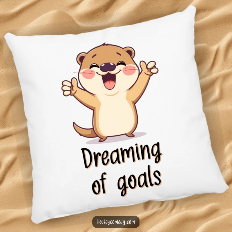 Funny pillow featuring a gleeful otter striking a hilarious victory pose after scoring a goal, bringing cozy comfort and joyous celebration.