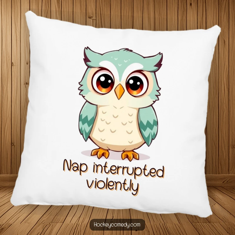 Funny owl pillow, a surprised owl with wide eyes, about to be hit by a hockey puck, combining comfort and humor, delightful home decor gift.