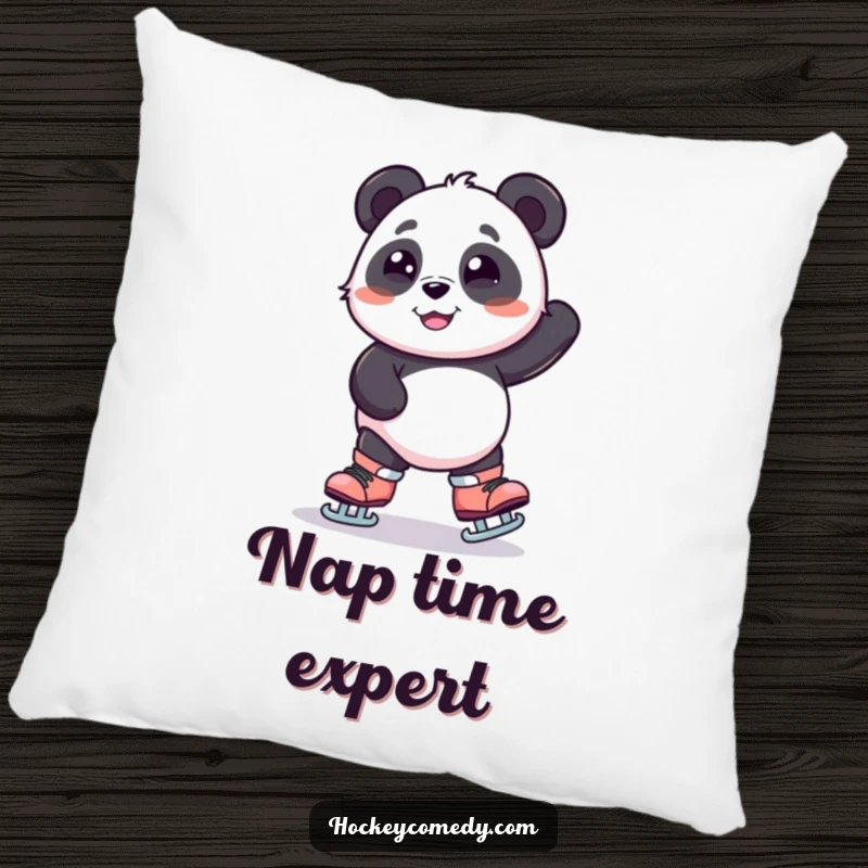 Funny pillow showcasing a smiling panda adorably wobbling on oversized skates, providing comfort and a dose of humorous charm.