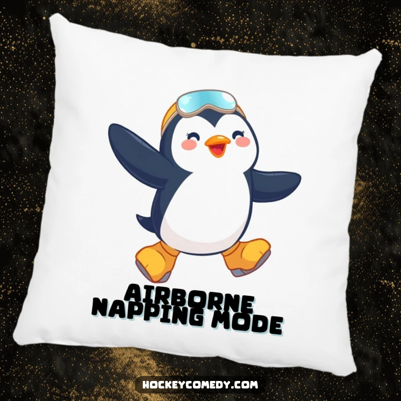 Funny pillow featuring a happy penguin mid-jump on skates, adding a touch of wintery delight and comfort.