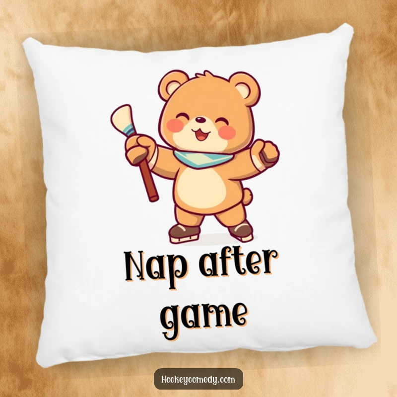 Funny pillow with a joyful bear character in a determined hockey stance, stick in hand, offering comfort and humor.