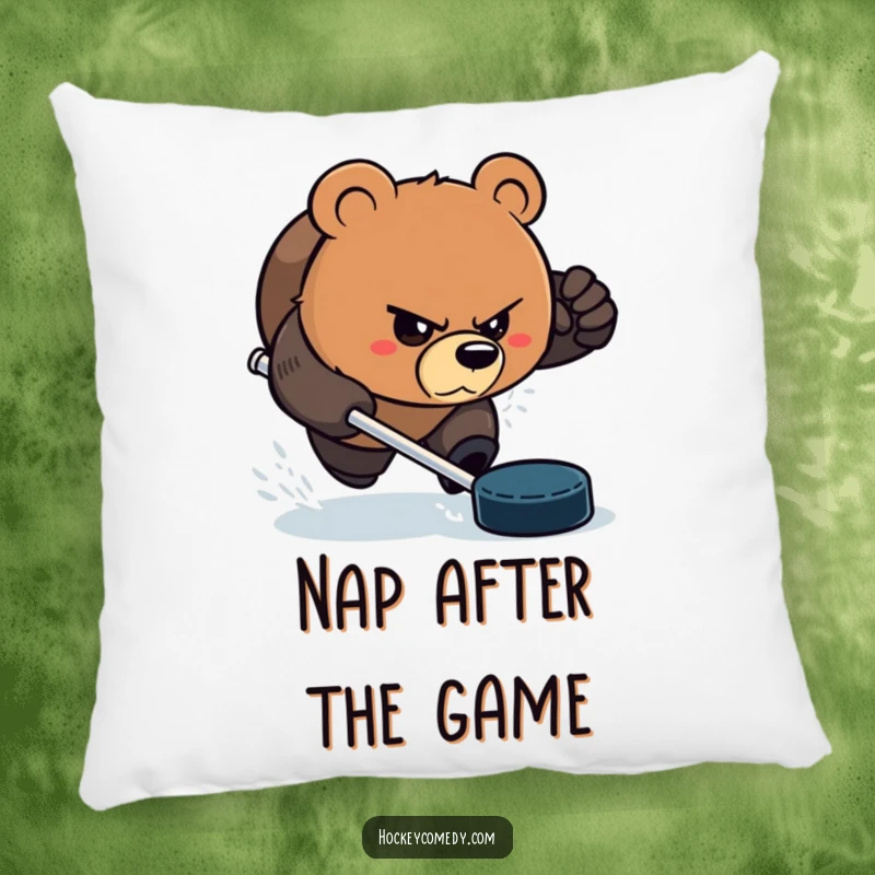 Funny Bear Pillow: An aggressive bear with a determined glare, chasing a hockey puck, bringing cozy comfort and sports humor. Great funny gift.