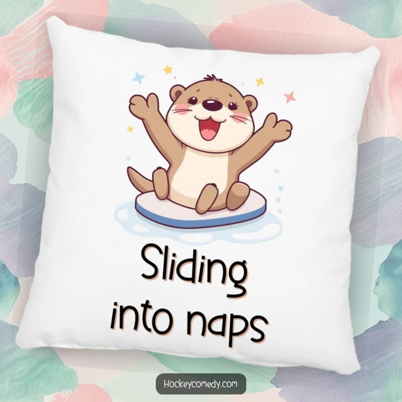 Funny happy otter character joyfully sliding on ice, soft decorative pillow.