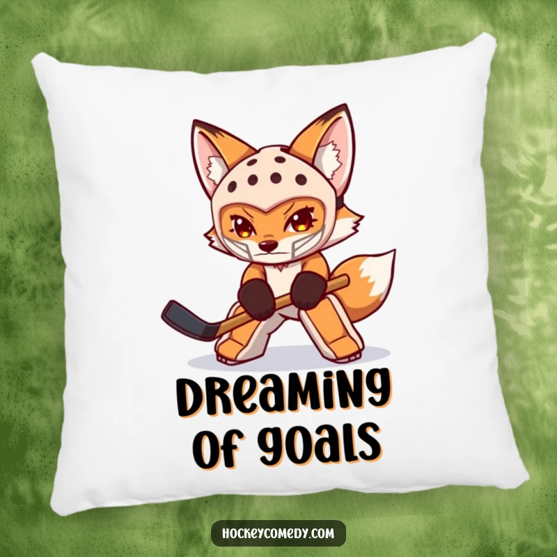 Funny fox pillow with a determined fox goalie in mask, ready to defend, offering comfort and sports humor.