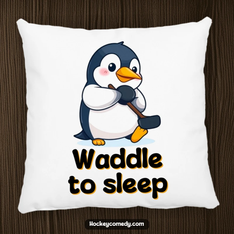 Funny penguin hockey pillow, showing a determined penguin using its beak to bat a puck, adding comfort and fun.