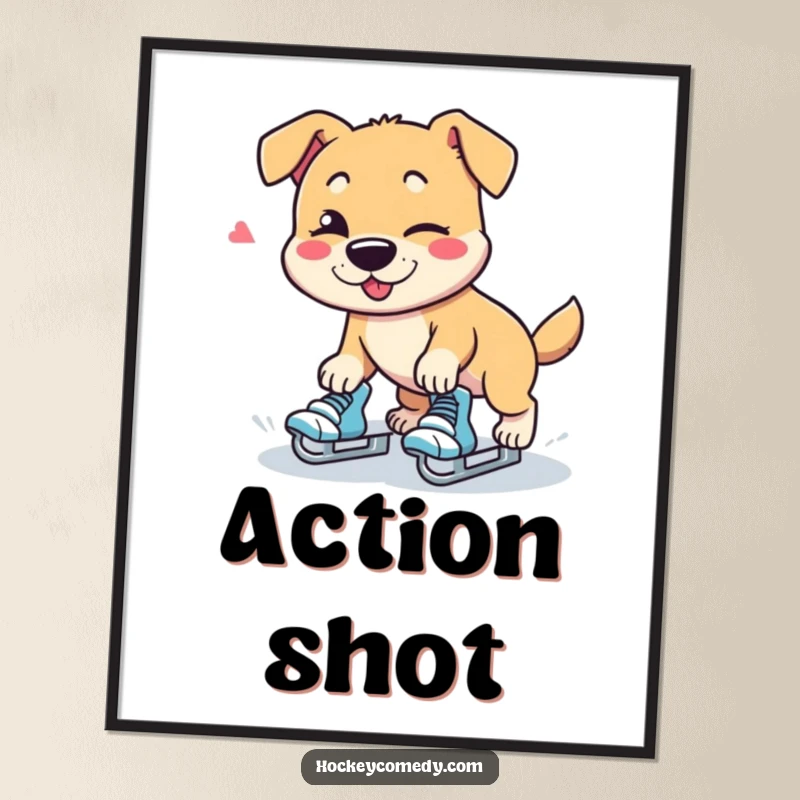 Funny dog character tripping on roller skates with a wink, printable digital art.