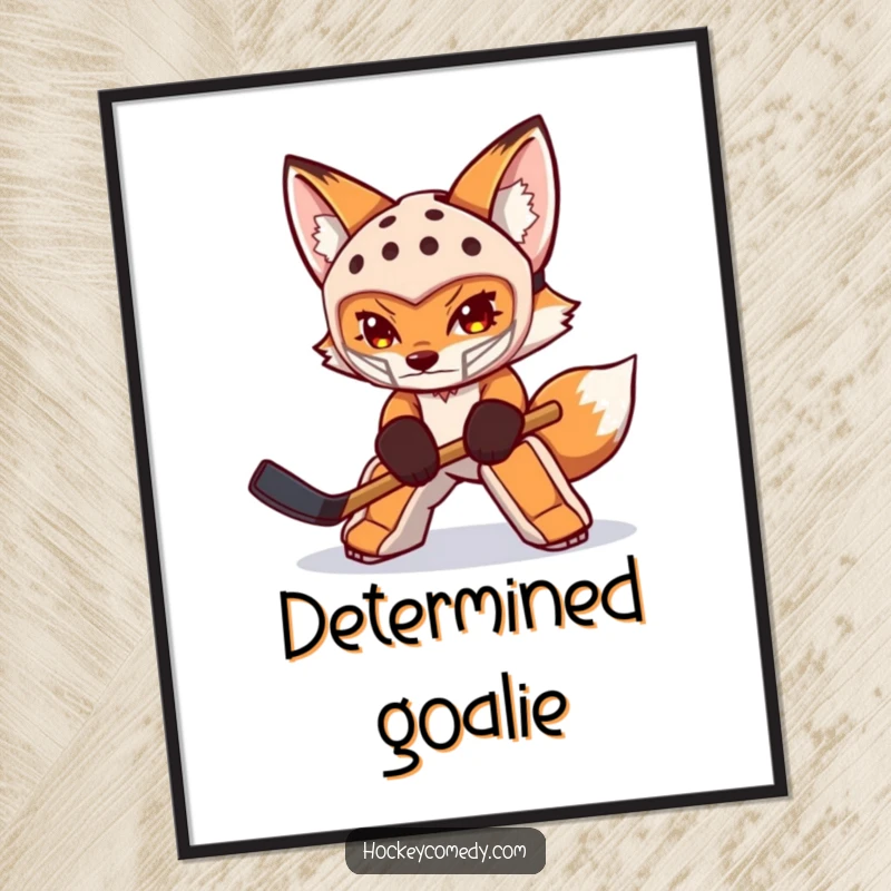 Funny fox digital art print of a determined fox goalie in mask swatting a puck, ideal for instant wall decor with a sports theme.