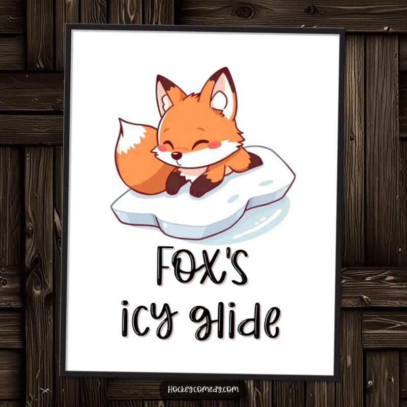 Funny determined fox sliding on its belly across ice on a humorous winter-themed digital art print.