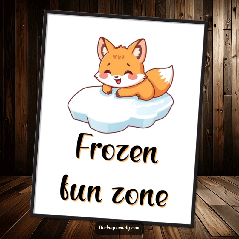Funny digital art print of a fox joyfully belly-sliding on ice, creating a cheerful and humorous winter scene.