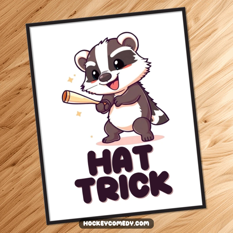Funny badger executing a powerful slap shot, a downloadable digital print for humorous sports decor.