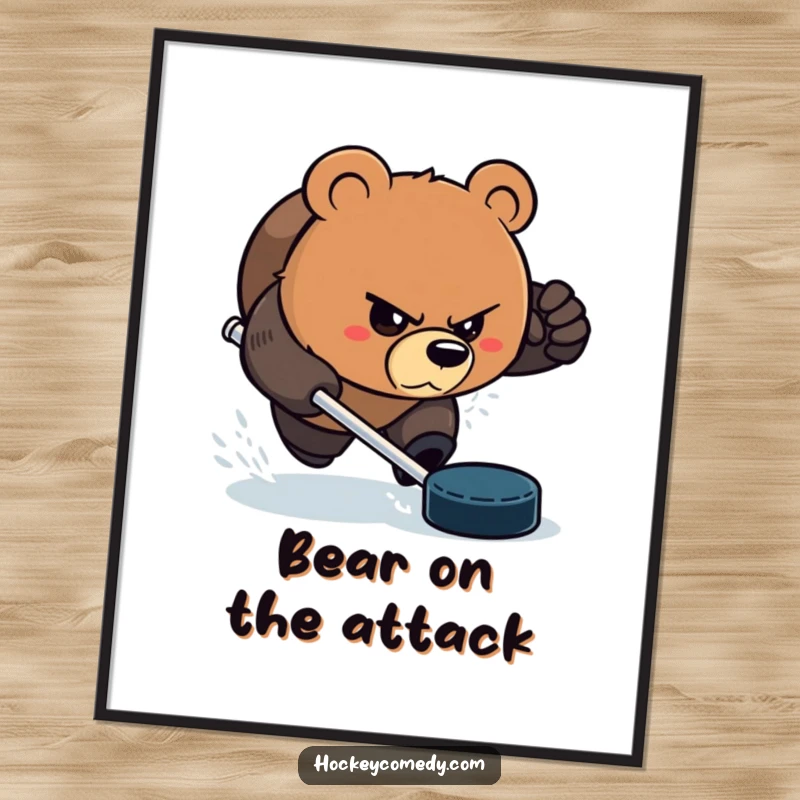 Funny Bear Digital Art: An aggressive bear with a determined glare, chasing a hockey puck, perfect for immediate download. Great funny gift.