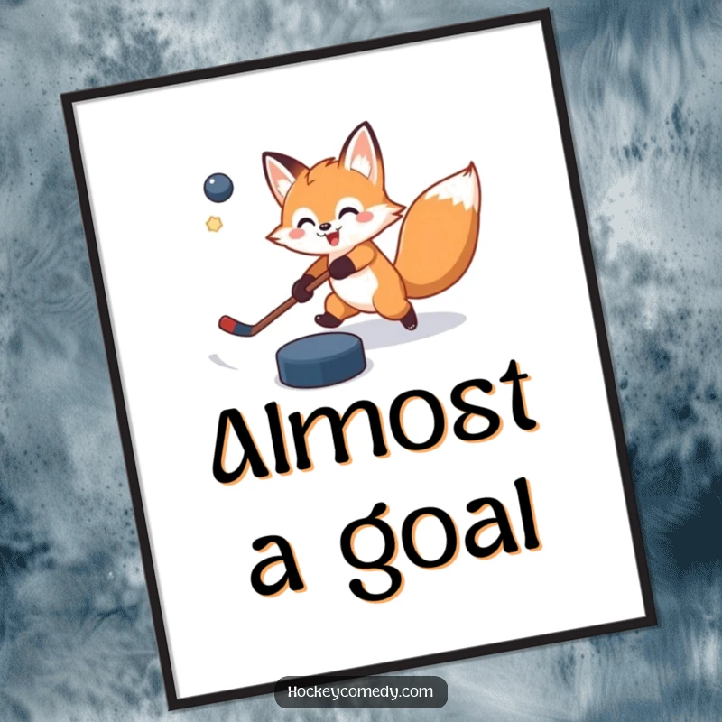 Funny digital art print of a cheerful fox mid-slap shot, puck comically missing its mark, capturing a moment of humorous sporting action.