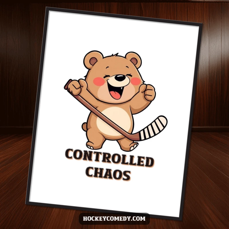 Funny digital art print of a happy, roaring bear furiously waving a hockey stick, embodying wild energy and joy.